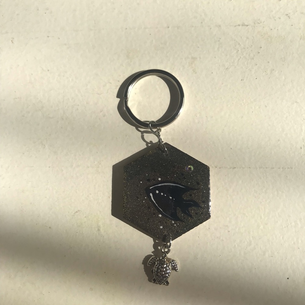 Black Turtle & Fish Acrylic Keychain Charm for Fish Lovers
